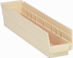An ivory polypropylene Economy Shelf Bin, 17-7/8W x 4-1/8D x 4H, features a slightly outward slant with high sides, includes seven divider slots for customization, evenly spaced vertical divots on the back wall, a rear hanglock, and a molded-in label holder. Made in the USA.