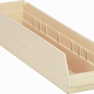 An ivory polypropylene Economy Shelf Bin, 17-7/8W x 4-1/8D x 4H, features a slightly outward slant with high sides, includes seven divider slots for customization, evenly spaced vertical divots on the back wall, a rear hanglock, and a molded-in label holder. Made in the USA.