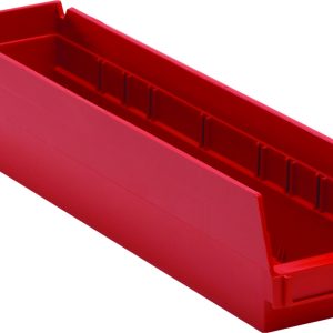 The Economy Shelf Bin is a red polypropylene storage bin with an open-top design, rectangular shape, and smooth sides. It features a slightly angled front edge for easy access and includes a molded-in label holder. This 17-7/8W x 4-1/8D x 4H bin is made in the USA and has seven divider slots.