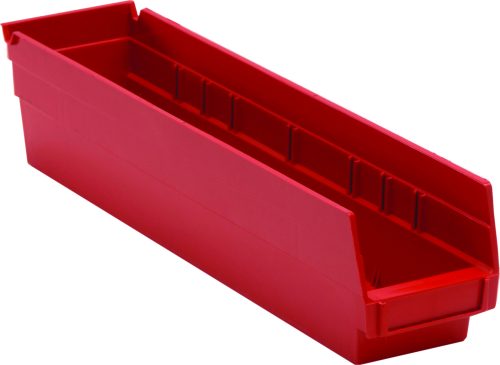 The Economy Shelf Bin is a red polypropylene storage bin with an open-top design, rectangular shape, and smooth sides. It features a slightly angled front edge for easy access and includes a molded-in label holder. This 17-7/8W x 4-1/8D x 4H bin is made in the USA and has seven divider slots.