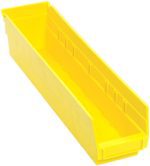 The Economy Shelf Bin, measuring 17-7/8W x 4-1/8D x 4H, features a molded-in label holder, rear hanglock, and seven divider slots. Its yellow polypropylene design with raised edges and flat bottom is perfect for organizing small items or parts, while the slightly angled front provides easy access. Made in USA.