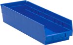 The blue polypropylene Economy Shelf Bin measuring 17-7/8W x 6-5/8D x 4H, features a rectangular shape with a slightly angled front, handles, seven divider slots, molded-in label holder, rear hanglock and is made in the USA. It sits empty against a plain white background.