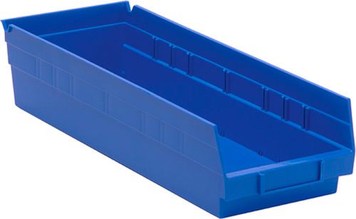 QSB104_BL.jpg The blue polypropylene Economy Shelf Bin measuring 17-7/8W x 6-5/8D x 4H, features a rectangular shape with a slightly angled front, handles, seven divider slots, molded-in label holder, rear hanglock and is made in the USA. It sits empty against a plain white background.