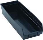 The black Economy Shelf Bin, measuring 17-7/8W x 6-5/8D x 4H, is made from recycled polypropylene. It features an open front, seven divider slots, rear hanglock for stability on shelves, molded-in label holder, and nests for compact storage. Made in the USA.