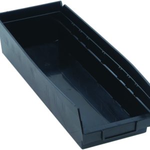 The black Economy Shelf Bin, measuring 17-7/8W x 6-5/8D x 4H, is made from recycled polypropylene. It features an open front, seven divider slots, rear hanglock for stability on shelves, molded-in label holder, and nests for compact storage. Made in the USA.