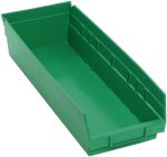 The Economy Shelf Bin is a green, polypropylene organizer measuring 17-7/8W x 6-5/8D x 4H, featuring a molded-in label holder, solid ridged sides for strength, an open top, seven divider slots, and a rear hanglock. Made in the USA.