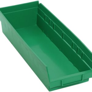 The Economy Shelf Bin is a green, polypropylene organizer measuring 17-7/8W x 6-5/8D x 4H, featuring a molded-in label holder, solid ridged sides for strength, an open top, seven divider slots, and a rear hanglock. Made in the USA.