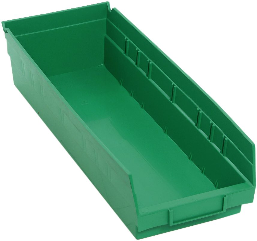Economy Shelf Bin, 17-7/8"W X 6-5/8"D X 4"H, Includes (7) Divider Slots, Rear Hanglock, Molded-In Label Holder, Polypropylene, Green, Made In USA