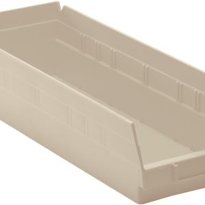The Economy Shelf Bin, made in the USA from durable polypropylene, measures 17-7/8W x 6-5/8D x 4H with an ivory color. It features rear hanglock, a molded-in label holder, and seven divider slots, ideal for organized storage of various items.