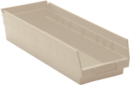 The Economy Shelf Bin, made in the USA from durable polypropylene, measures 17-7/8W x 6-5/8D x 4H with an ivory color. It features rear hanglock, a molded-in label holder, and seven divider slots, ideal for organized storage of various items.