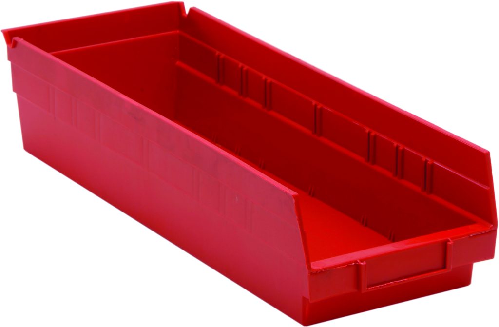 Red Quantum shelf bin with sloped open hopper front and moulded divider slots