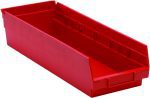 This red polypropylene economy shelf bin measures 17-7/8W x 6-5/8D x 4H, features an open front and raised sides, includes seven divider slots, a rear hanglock for secure storage, and a molded-in label holder. Made in the USA.