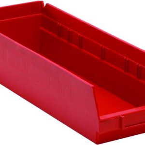 This red polypropylene economy shelf bin measures 17-7/8W x 6-5/8D x 4H, features an open front and raised sides, includes seven divider slots, a rear hanglock for secure storage, and a molded-in label holder. Made in the USA.