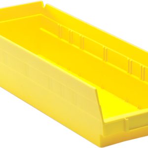 This yellow Economy Shelf Bin, measuring 17-7/8W x 6-5/8D x 4H, features a molded-in label holder and rear hanglock for versatile storage. Made in the USA from polypropylene, it includes seven divider slots and sits empty against a white background.