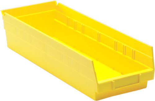 QSB104_YL.jpg This yellow Economy Shelf Bin, measuring 17-7/8W x 6-5/8D x 4H, features a molded-in label holder and rear hanglock for versatile storage. Made in the USA from polypropylene, it includes seven divider slots and sits empty against a white background.