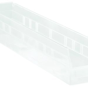 The Economy Shelf Bin, measuring 23-5/8W x 4-1/8D x 4H, features (7) divider slots, a rear hanglock, and a molded-in label holder. Its clear polypropylene construction allows for nesting and seamless integration into your space. Made in the USA.
