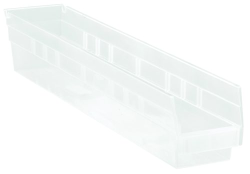 QSB105CL.jpg The Economy Shelf Bin, measuring 23-5/8W x 4-1/8D x 4H, features (7) divider slots, a rear hanglock, and a molded-in label holder. Its clear polypropylene construction allows for nesting and seamless integration into your space. Made in the USA.