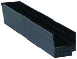 This black Economy Shelf Bin, 23-5/8W x 4-1/8D x 4H, is made from conductive polypropylene and features seven divider slots and a rear hanglock. It includes a molded-in label holder for easy identification and nests efficiently. Made in the USA, its perfect for organizing tools or small items.