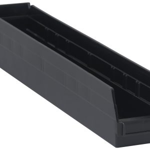 The Economy Shelf Bin, measuring 23-5/8W x 4-1/8D x 4H, is a black polypropylene storage container with an open top and slanted front. It includes seven divider slots for organizing items and features a rear hanglock for secure mounting. Made in the USA with a molded-in label holder.