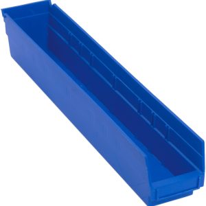 A long, narrow Economy Shelf Bin made of blue polypropylene features an open top, ribbed interior, molded-in label holder, rear hanglock, and seven divider slots. Its front edge is lower for easy access. Measuring 23-5/8W x 4-1/8D x 4H, its versatile for various storage needs. Made in USA.