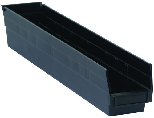 QSB105_BR.jpg The Economy Shelf Bin is a long, narrow black container made in the USA from recycled polypropylene. It features vertical sides, an open top, slight tapering, molded-in label holder, 7 divider slots, and rear hanglock, making it perfect for organizing small items or tools.