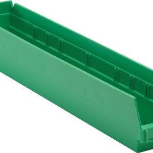 This green polypropylene Economy Shelf Bin (23-5/8W x 4-1/8D x 4H) is rectangular and open-topped, featuring a sloping front for easy access, seven divider slots, a rear hanglock for secure placement, and a molded-in label holder. Made in the USA.