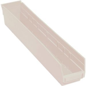 The Economy Shelf Bin is an ivory polypropylene storage solution, measuring 23-5/8W x 4-1/8D x 4H. With open top, molded-in label holder, and seven divider slots, its perfect for organizing items in garages or workshops. Made in the USA with a rear hanglock for added versatility.