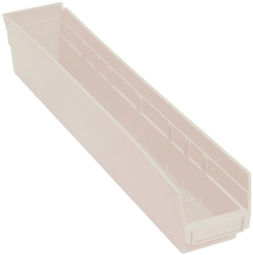 The Economy Shelf Bin is an ivory polypropylene storage solution, measuring 23-5/8W x 4-1/8D x 4H. With open top, molded-in label holder, and seven divider slots, its perfect for organizing items in garages or workshops. Made in the USA with a rear hanglock for added versatility.