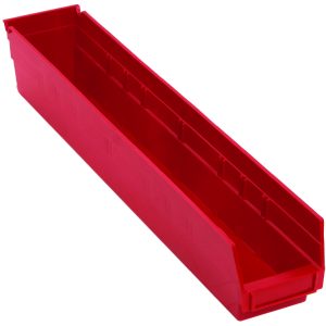 This red polypropylene Economy Shelf Bin measures 23-5/8W x 4-1/8D x 4H and features a rear hanglock, molded-in label holder, and seven divider slots for versatile storage. Made in the USA.