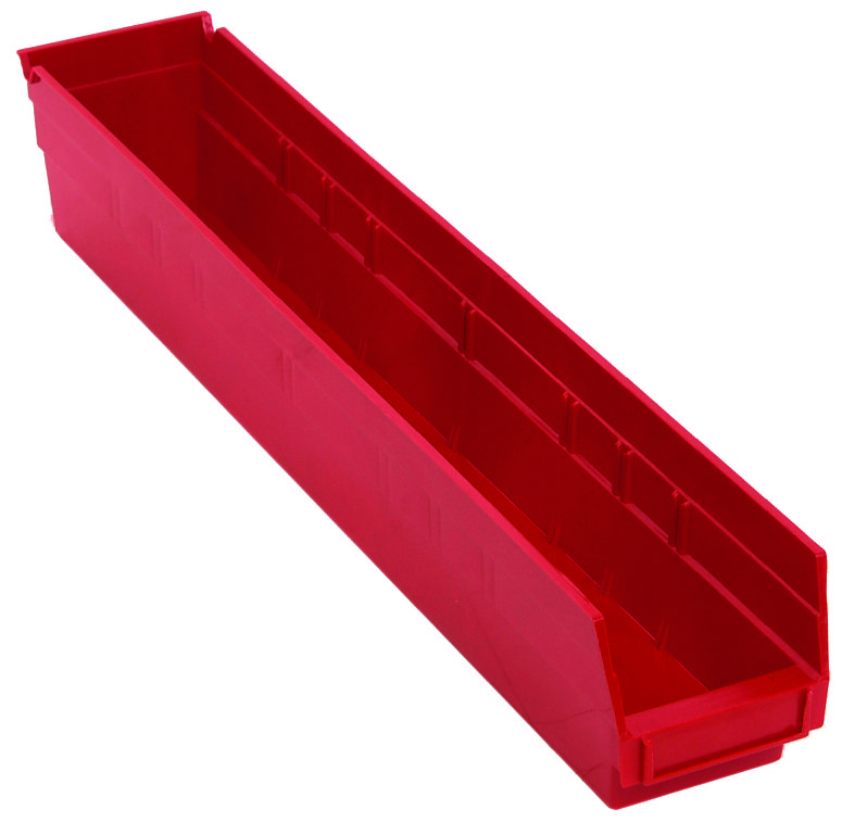 Economy Shelf Bin, 23-5/8"W X 4-1/8"D X 4"H, Includes (7) Divider Slots, Rear Hanglock, Molded-In Label Holder, Polypropylene, Red, Made In USA