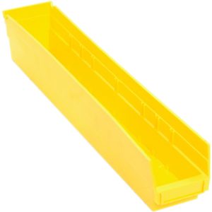 The Economy Shelf Bin, measuring 23-5/8W x 4-1/8D x 4H, is a yellow polypropylene container made in the USA. It features an open top, angled front, rear hanglock for stability, reinforced edges, molded-in label holder, and seven divider slots for customizable organization.