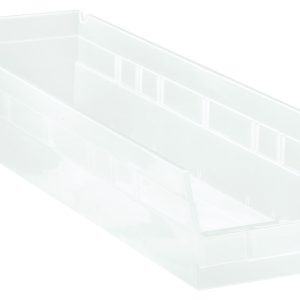 The Economy Shelf Bin is a clear, rectangular polypropylene organizer measuring 23-5/8W x 6-5/8D x 4H. It features seven divider slots, a molded-in label holder, and a rear hanglock for nesting on shelves—ideal for organizing office supplies or makeup with easy viewing. Made in the USA.