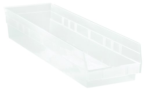 The Economy Shelf Bin is a clear, rectangular polypropylene organizer measuring 23-5/8W x 6-5/8D x 4H. It features seven divider slots, a molded-in label holder, and a rear hanglock for nesting on shelves—ideal for organizing office supplies or makeup with easy viewing. Made in the USA.