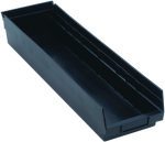 The black Economy Shelf Bin, measuring 23-5/8W x 6-5/8D x 4H, features a rectangular design with slightly sloped sides. Made of conductive polypropylene, it includes seven divider slots, a rear hanglock, molded-in label holder, and offers efficient interior space. Made in the USA.