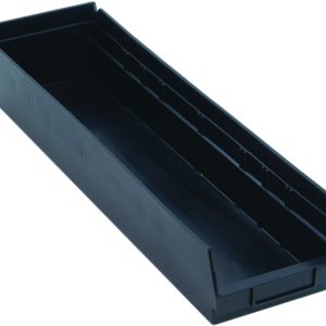 The black Economy Shelf Bin, measuring 23-5/8W x 6-5/8D x 4H, features a rectangular design with slightly sloped sides. Made of conductive polypropylene, it includes seven divider slots, a rear hanglock, molded-in label holder, and offers efficient interior space. Made in the USA.