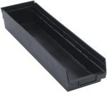 The black polypropylene Economy Shelf Bin (23-5/8W X 6-5/8D X 4H) features an open top, molded-in label holder, and seven divider slots.
