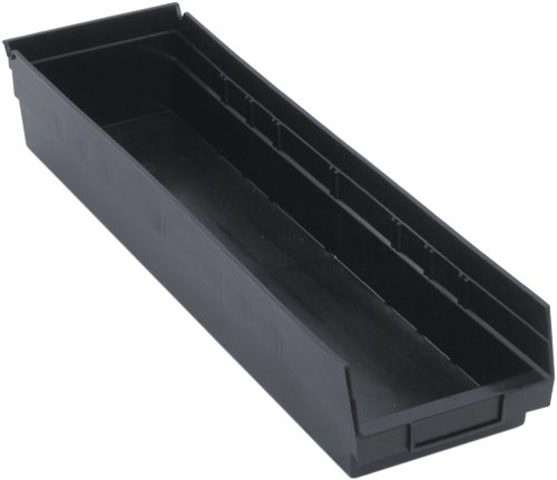 The black polypropylene Economy Shelf Bin (23-5/8W X 6-5/8D X 4H) features an open top, molded-in label holder, and seven divider slots.
