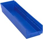 The blue polypropylene Economy Shelf Bin, made in the USA, measures 23-5/8W x 6-5/8D x 4H, features grooved inner edges, slightly slanted sides, a rear hanglock for secure placement, an open top with a front lip for easy handling, and includes seven divider slots.