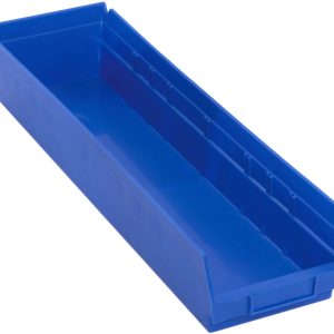The blue polypropylene Economy Shelf Bin, made in the USA, measures 23-5/8W x 6-5/8D x 4H, features grooved inner edges, slightly slanted sides, a rear hanglock for secure placement, an open top with a front lip for easy handling, and includes seven divider slots.