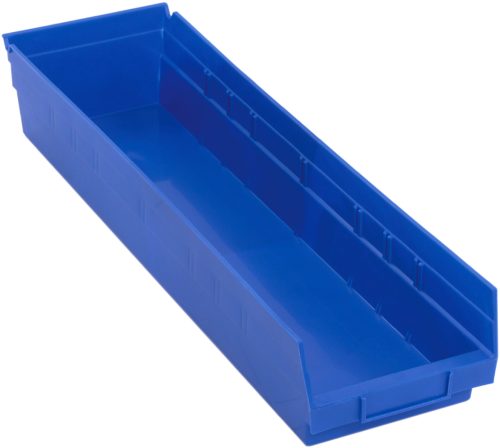 QSB106_BL.jpg The blue polypropylene Economy Shelf Bin, made in the USA, measures 23-5/8W x 6-5/8D x 4H, features grooved inner edges, slightly slanted sides, a rear hanglock for secure placement, an open top with a front lip for easy handling, and includes seven divider slots.