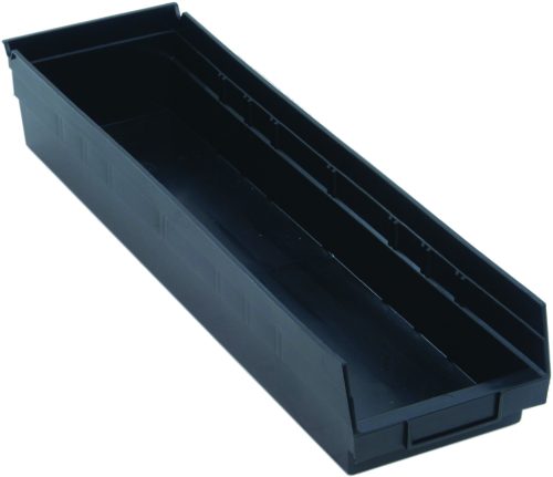 The Economy Shelf Bin, made of recycled polypropylene in black, measures 23-5/8W x 6-5/8D x 4H. It features a rear hanglock, molded-in label holder, and seven divider slots. Its smooth surface is perfect for securely nesting or storing items. Made in the USA.