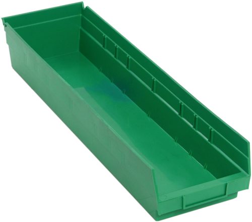 The green polypropylene economy shelf bin, measuring 23-5/8W x 6-5/8D x 4H, includes a rear hanglock, molded-in label holder, and seven divider slots. Designed for easy access and organization with its slightly tilted rectangular shape, it fits perfectly on an economy shelf setup. Made in the USA.