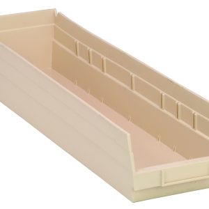 This ivory polypropylene shelf bin measures 23-5/8W x 6-5/8D x 4H, has a rear hanglock, molded-in label holder, and includes seven divider slots for organizing small items; it is made in the USA.