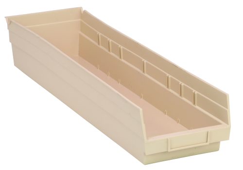 QSB106_IV.jpg This ivory polypropylene shelf bin measures 23-5/8W x 6-5/8D x 4H, has a rear hanglock, molded-in label holder, and includes seven divider slots for organizing small items; it is made in the USA.