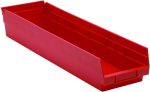 A red polypropylene Economy Shelf Bin (23-5/8W x 6-5/8D x 4H) from the USA features a molded-in label holder, open top, reinforced edges, and a stackable design with seven divider slots and a rear hanglock for organizing any space.