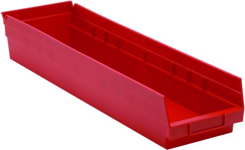 QSB106_RD.jpg A red polypropylene Economy Shelf Bin (23-5/8W x 6-5/8D x 4H) from the USA features a molded-in label holder, open top, reinforced edges, and a stackable design with seven divider slots and a rear hanglock for organizing any space.