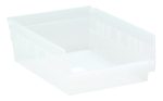 The Economy Shelf Bin, 11-5/8W X 8-3/8D X 4H, made from clear polypropylene, features an open front, vertical ridges, flat bottom, rear hanglock, and molded-in label holder with seven divider slots. Ideal for warehouses, workshops, or home storage. Made in the USA.