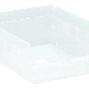 The Economy Shelf Bin, 11-5/8W X 8-3/8D X 4H, made from clear polypropylene, features an open front, vertical ridges, flat bottom, rear hanglock, and molded-in label holder with seven divider slots. Ideal for warehouses, workshops, or home storage. Made in the USA.