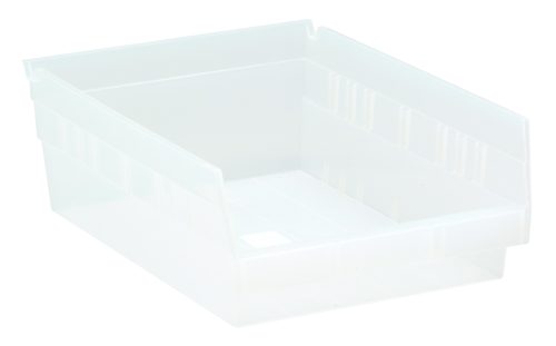 QSB107CL.jpg The Economy Shelf Bin, 11-5/8W X 8-3/8D X 4H, made from clear polypropylene, features an open front, vertical ridges, flat bottom, rear hanglock, and molded-in label holder with seven divider slots. Ideal for warehouses, workshops, or home storage. Made in the USA.