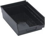 The black Economy Shelf Bin, made of polypropylene in the USA, measures 11-5/8W x 8-3/8D x 4H and features a sloped front for organizing small items. It includes a rear hanglock, seven divider slots for sorting, and a molded-in label holder.